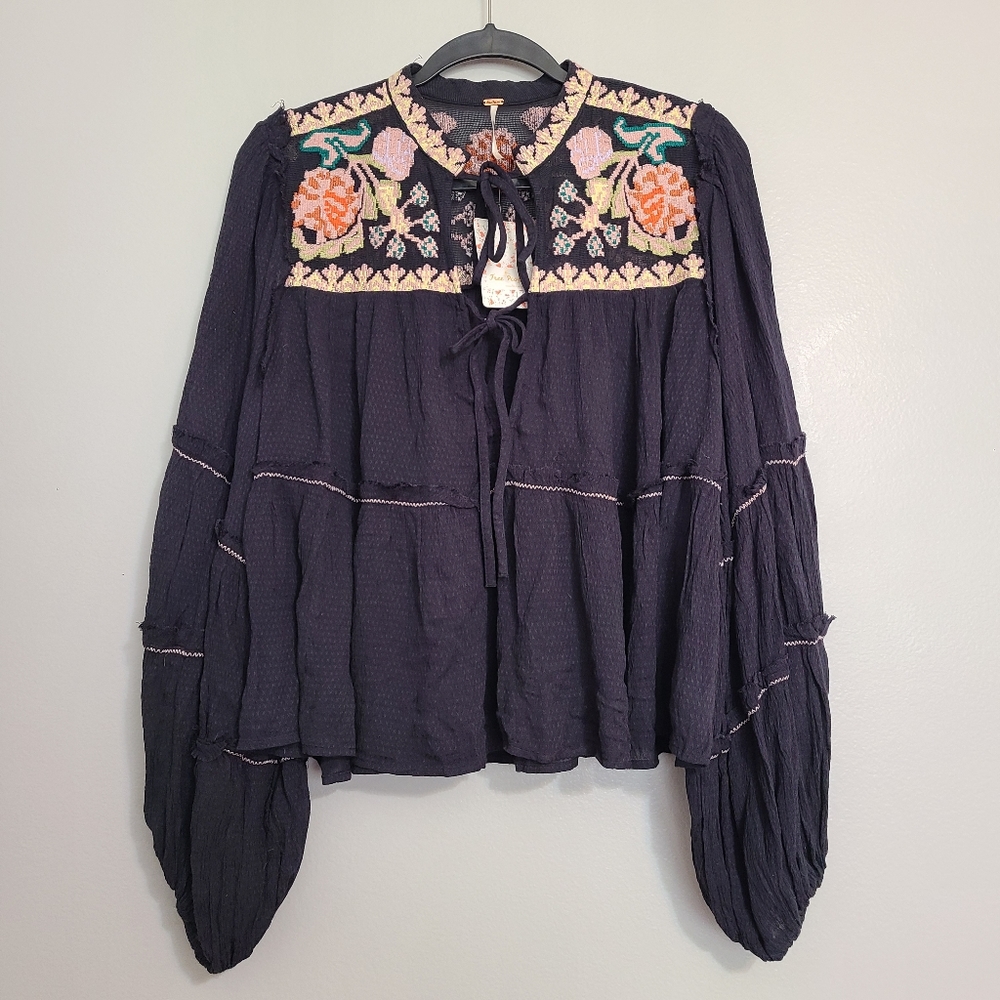Free People Boho Black Poet Sleeve Top w/ Floral Embroidery & Front Ties Medium